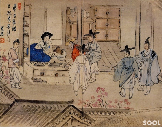 꽃 피자 술 익고, 달 밝자 벗 왔네…